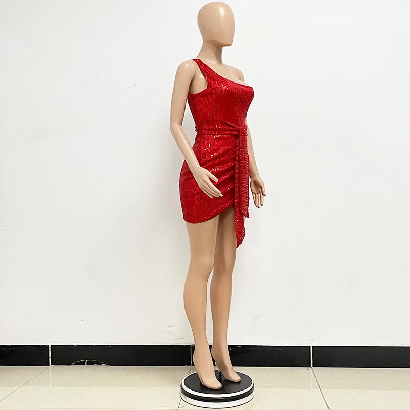 One Shoulder Pleated Sequin Dress