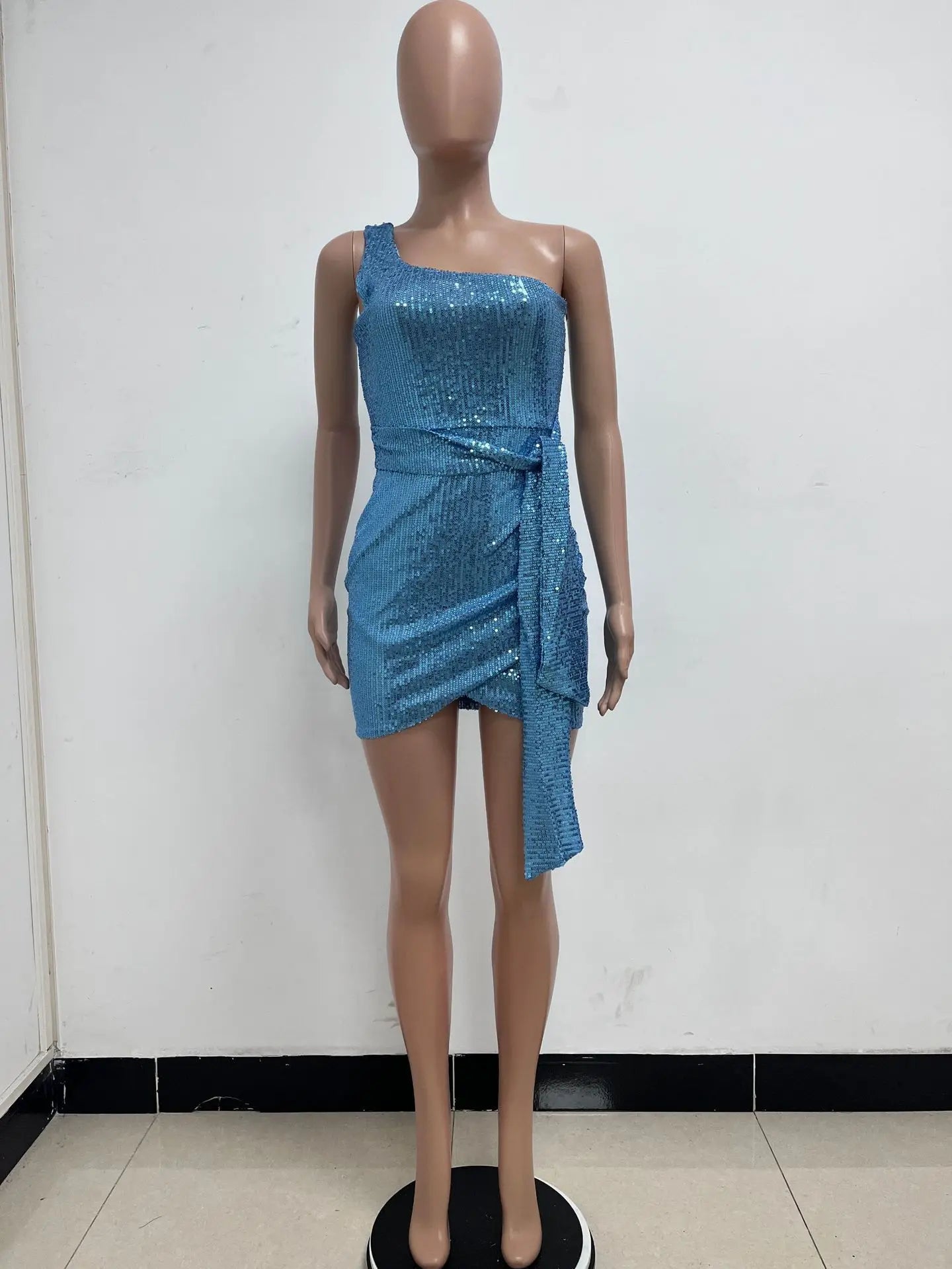 One Shoulder Pleated Sequin Dress