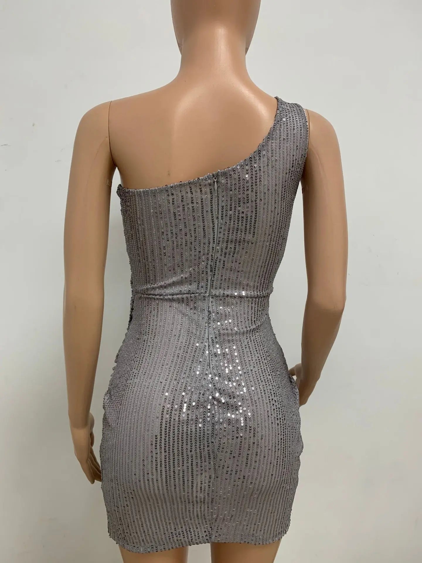 One Shoulder Pleated Sequin Dress