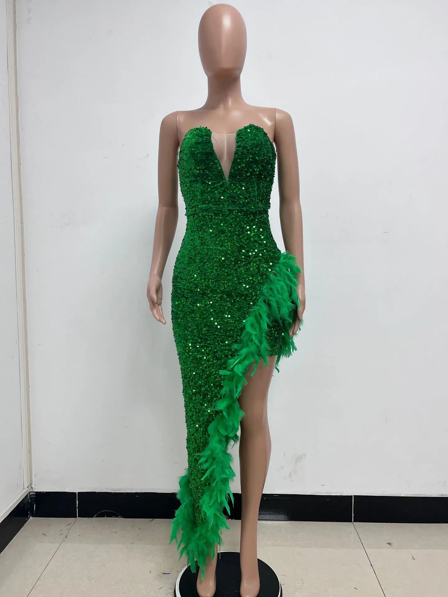 Sequin Feather Evening Gown