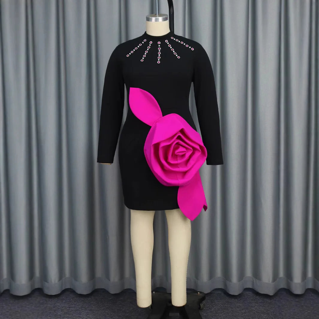 Rose Flowers Diamond Evening Dress - Black Luxury
