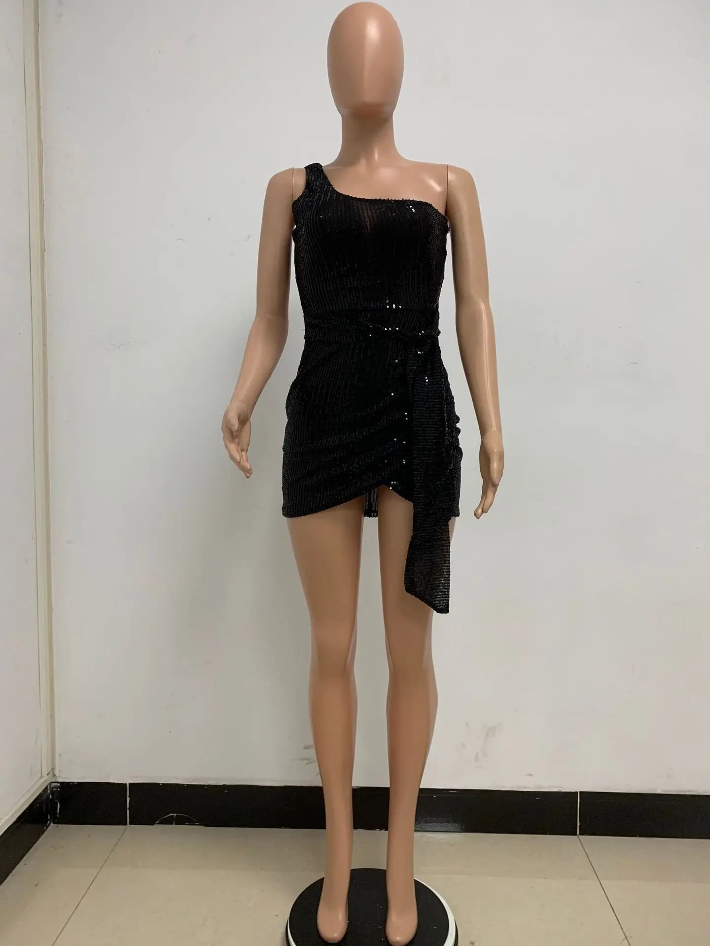 One Shoulder Pleated Sequin Dress