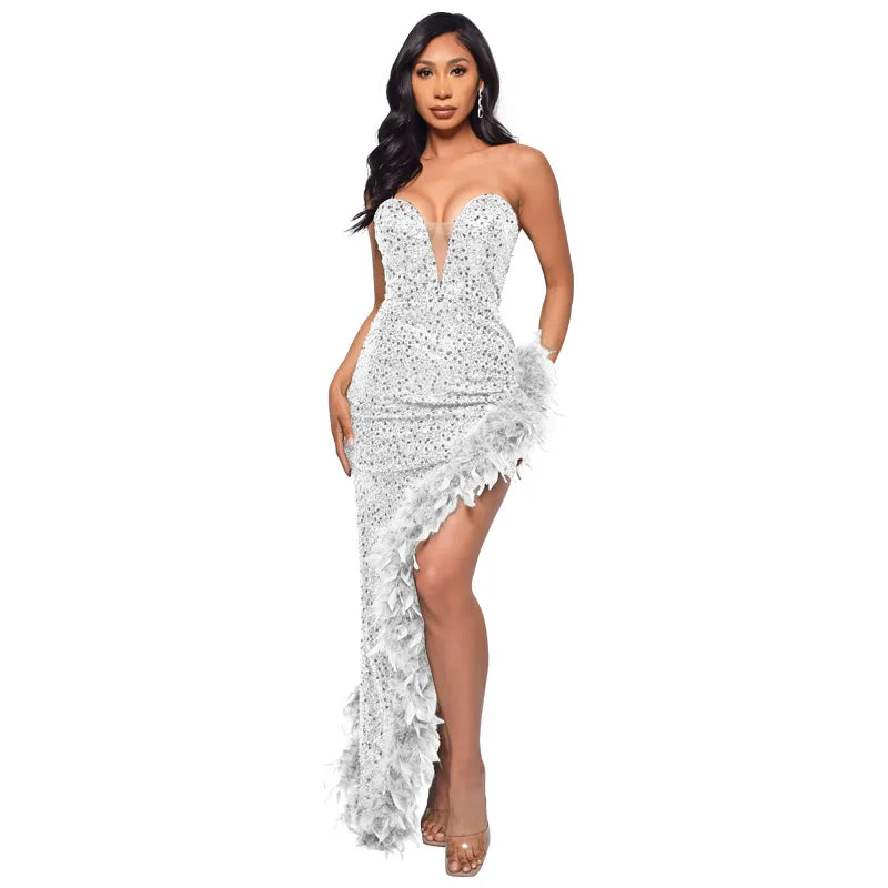 Sequin Feather Evening Gown