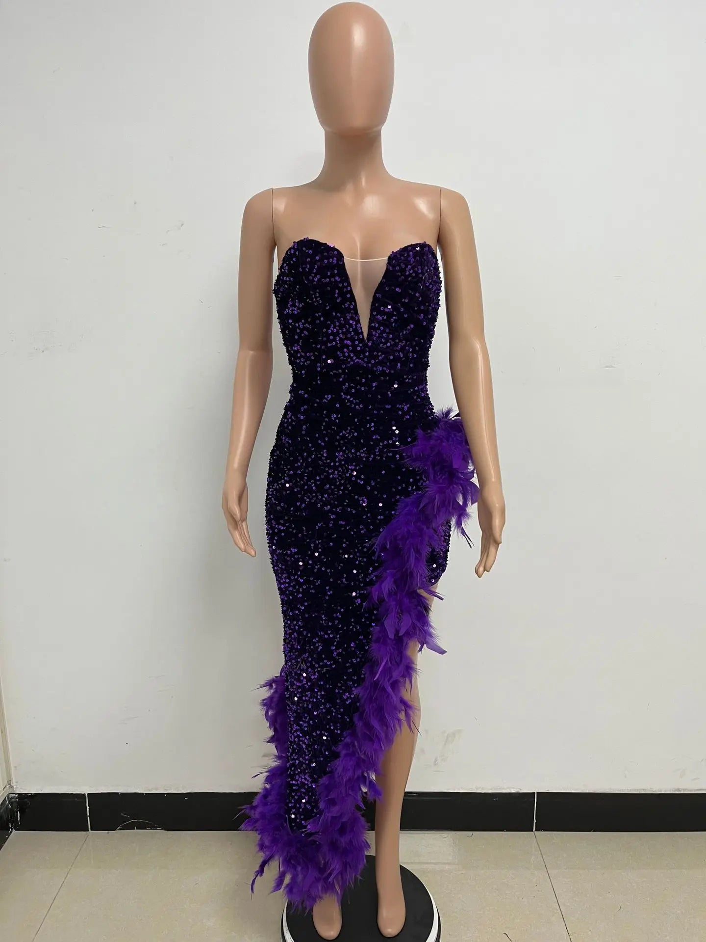 Sequin Feather Evening Gown