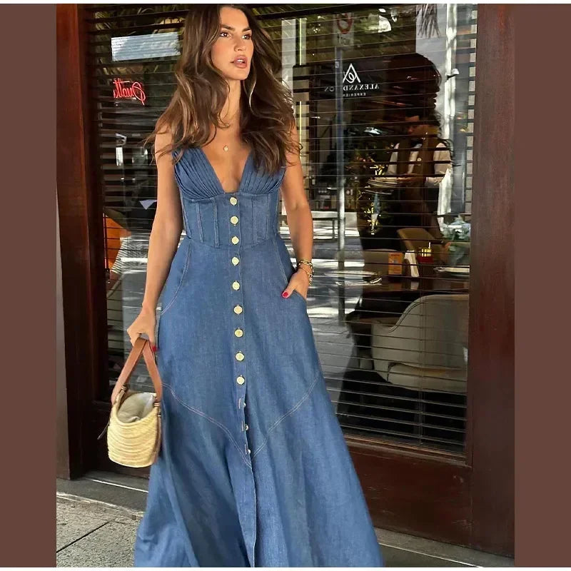 Retro Denim Maxi Dress