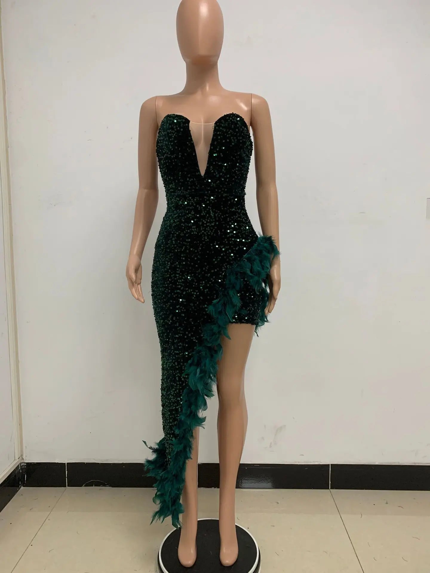 Sequin Feather Evening Gown