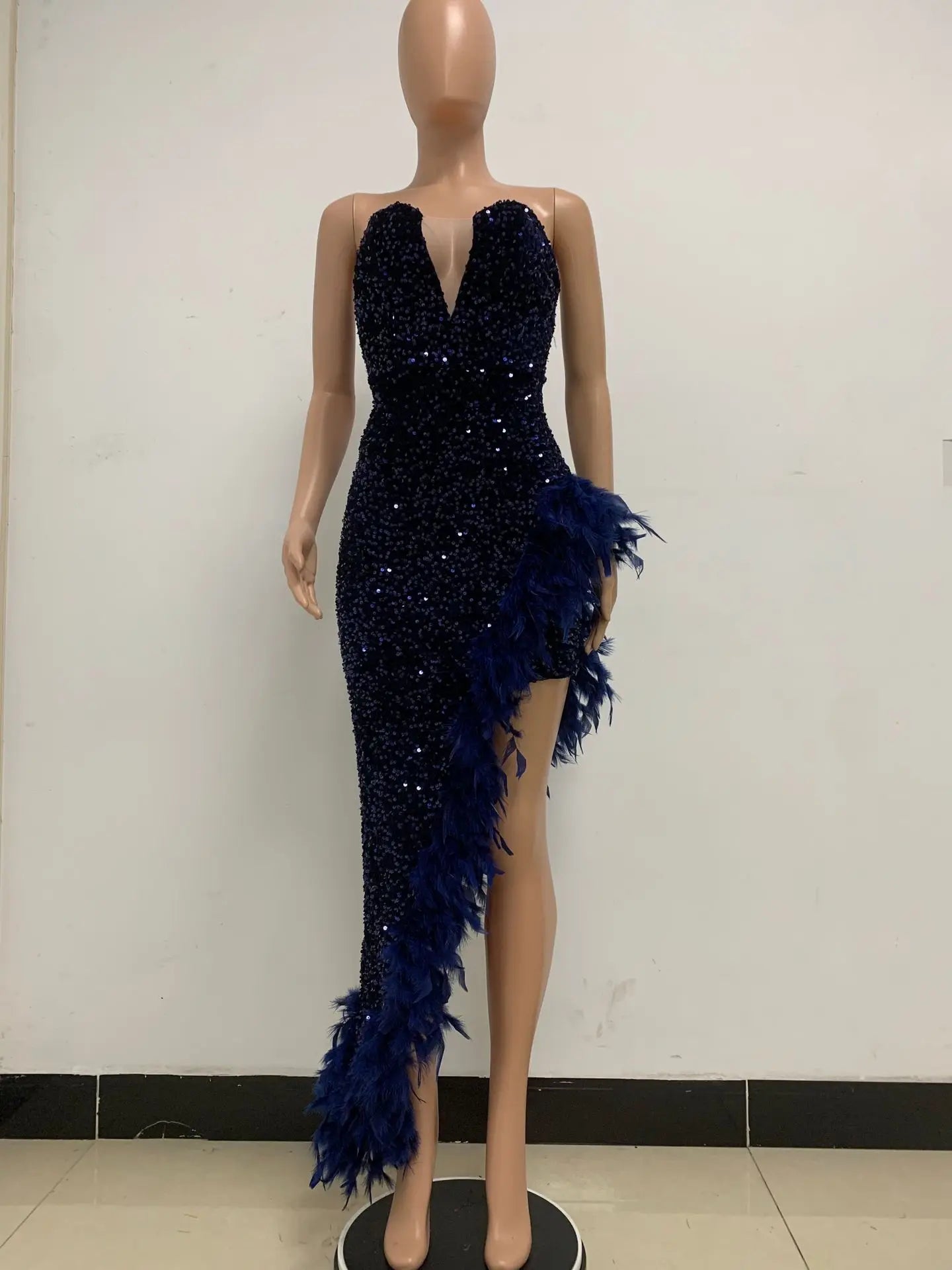 Sequin Feather Evening Gown