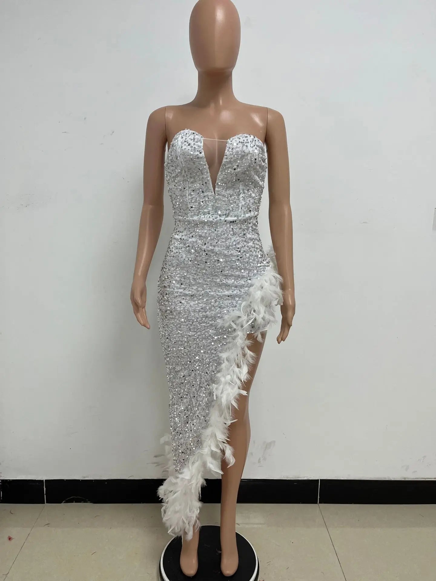 Sequin Feather Evening Gown