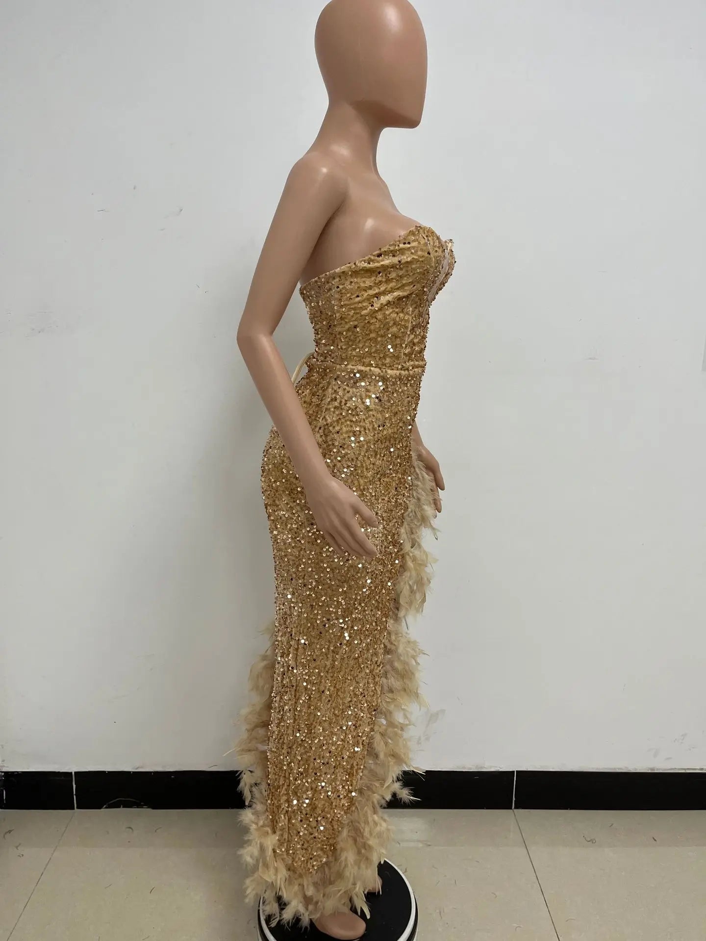 Sequin Feather Evening Gown