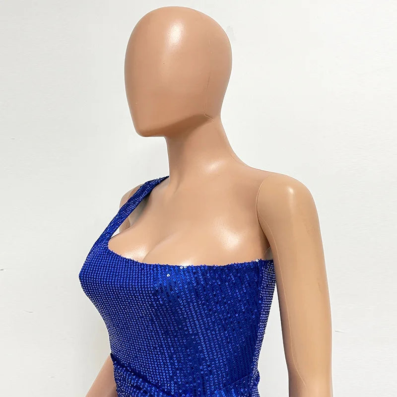 One Shoulder Pleated Sequin Dress