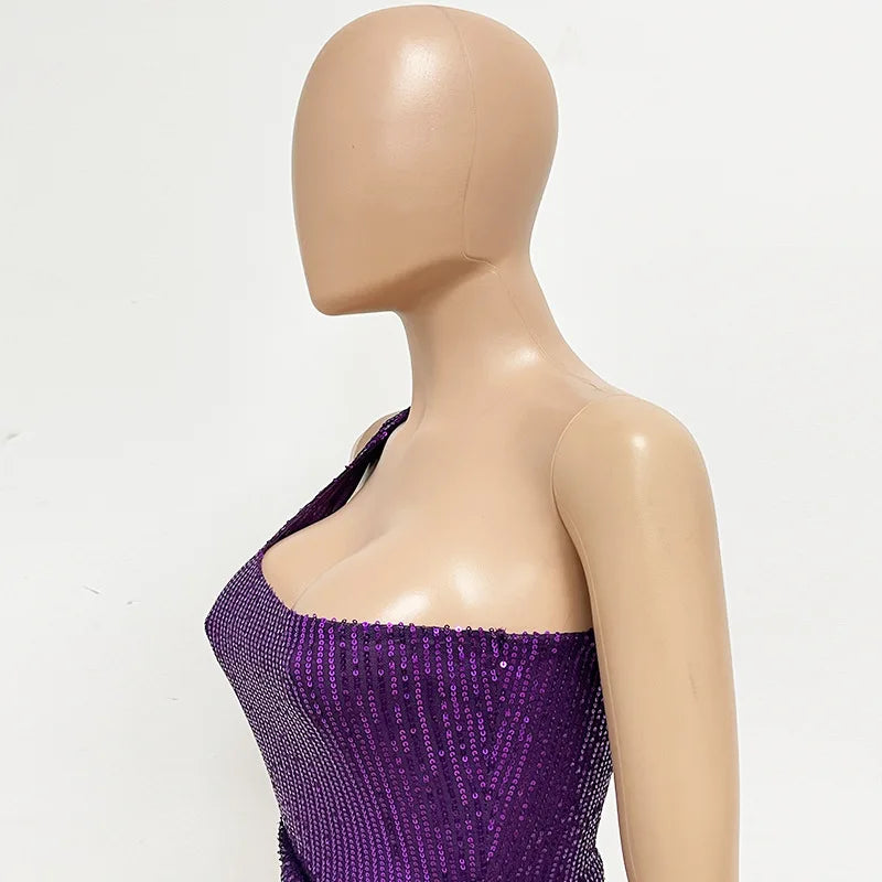 One Shoulder Pleated Sequin Dress