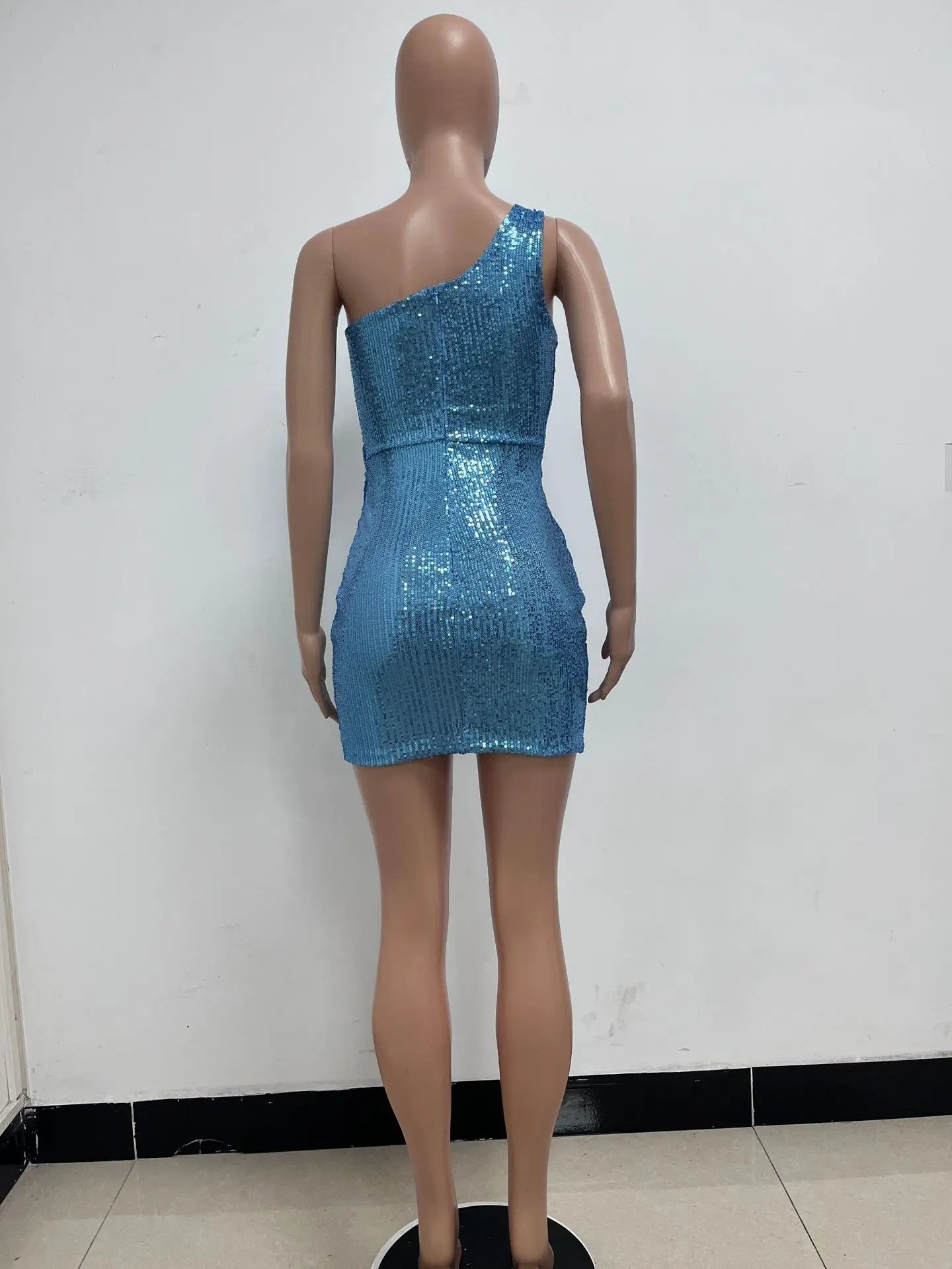 One Shoulder Pleated Sequin Dress