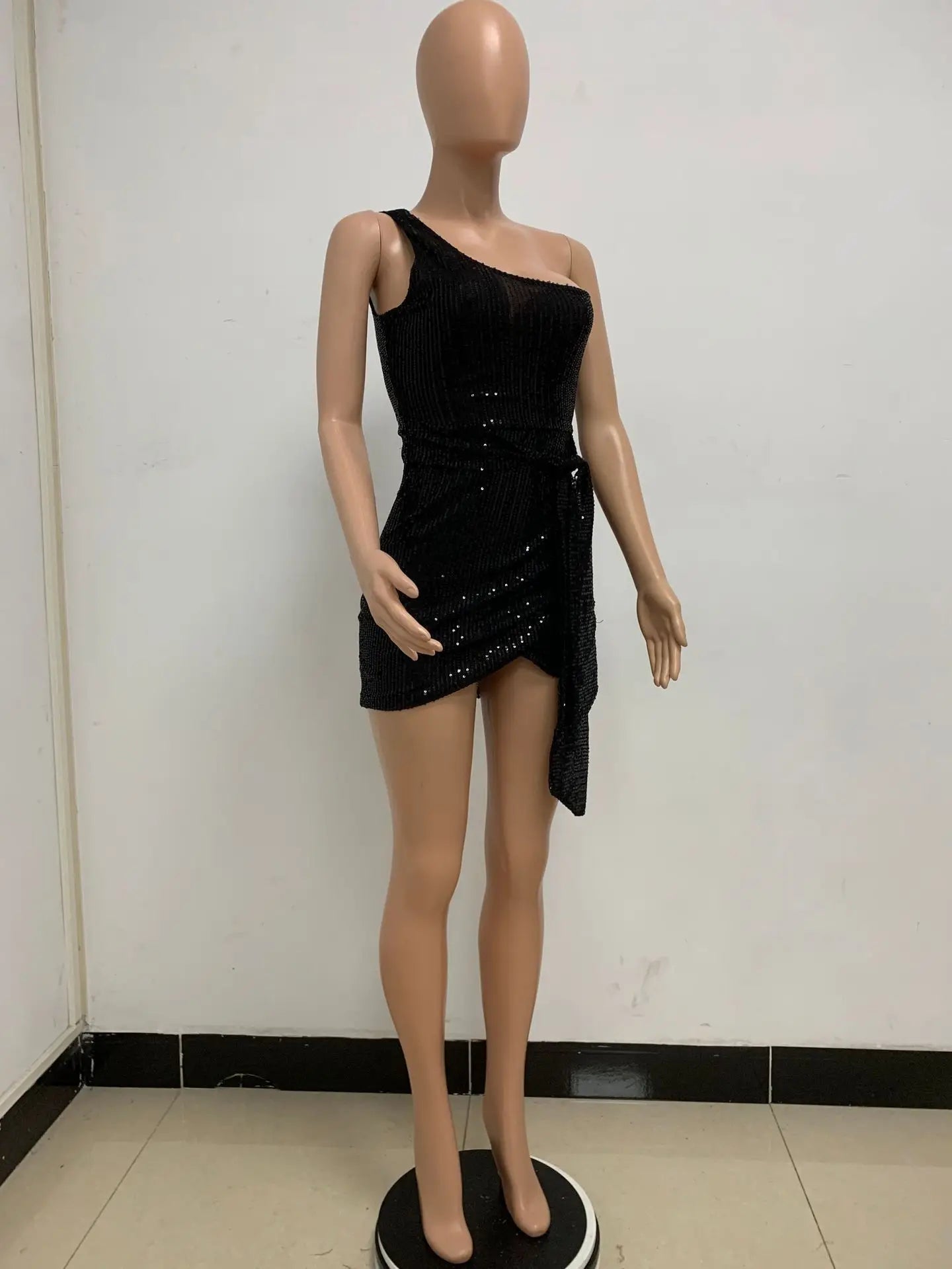 One Shoulder Pleated Sequin Dress