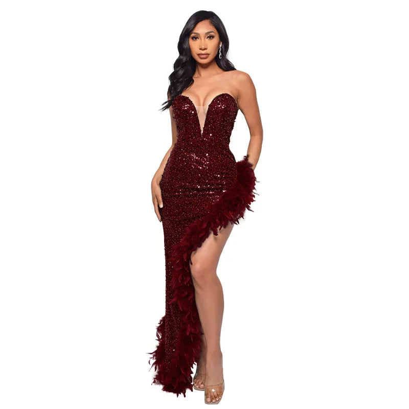 Sequin Feather Evening Gown