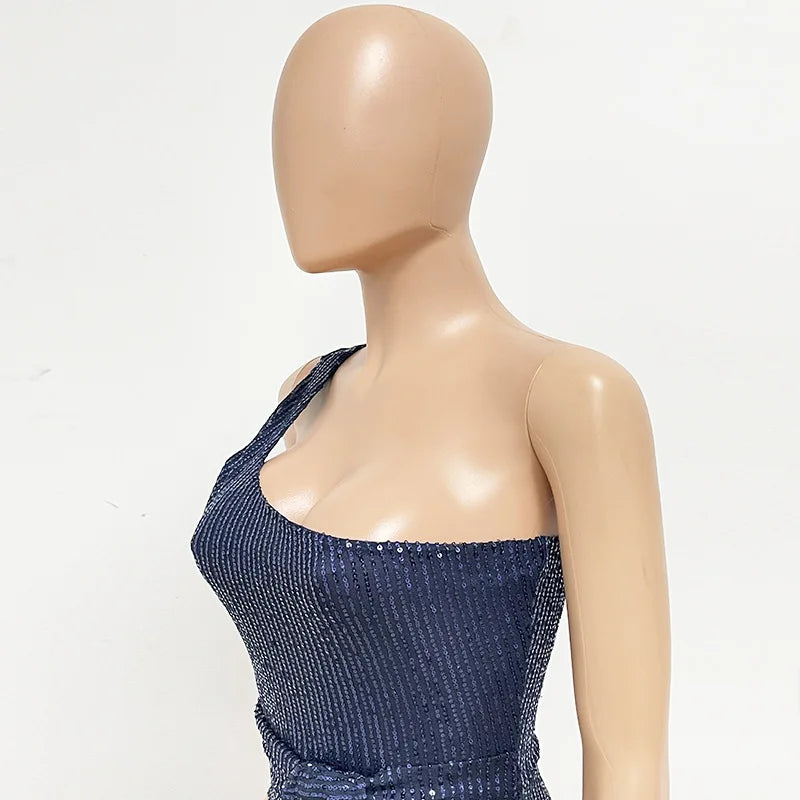 One Shoulder Pleated Sequin Dress