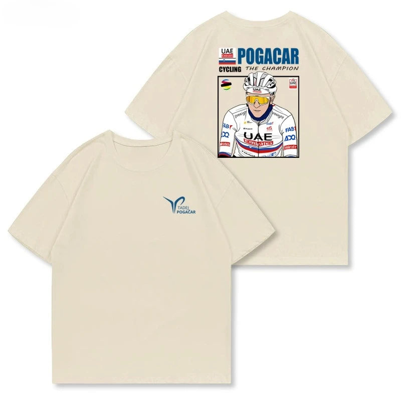 POGACAR T-shirt, Illustration of A Tour De France Bike, American Retro Casual, Heavyweight  Short-sleeved Shirt Summer