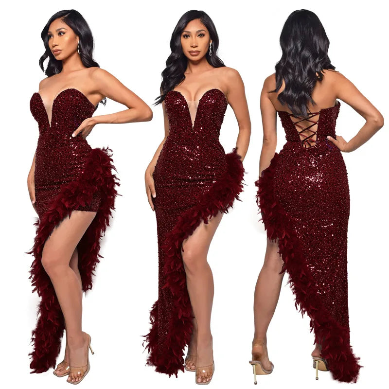 Sequin Feather Evening Gown