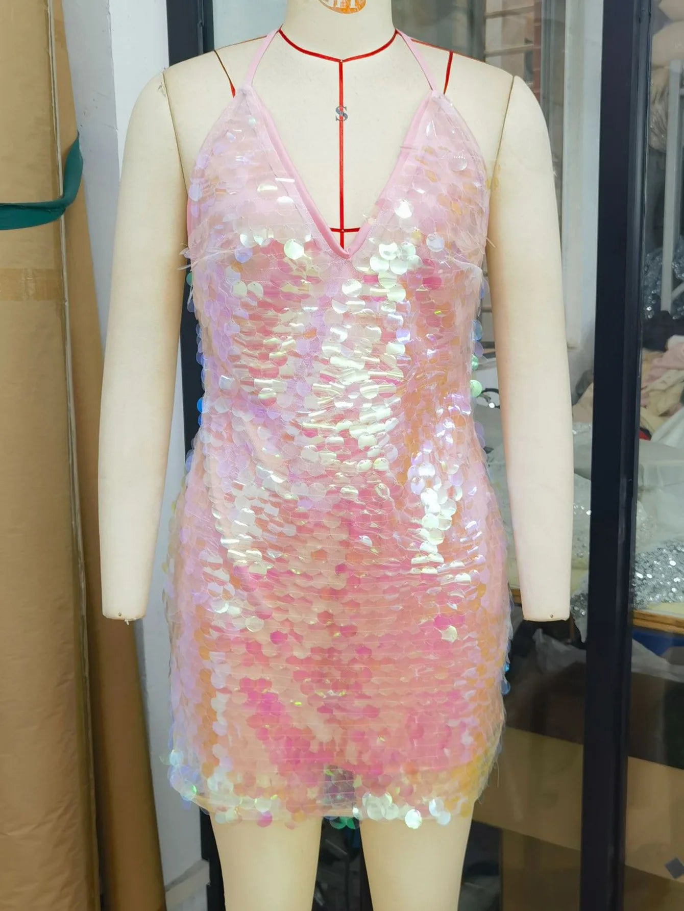 Pink Sequin V-Neck Bodycon Dress
