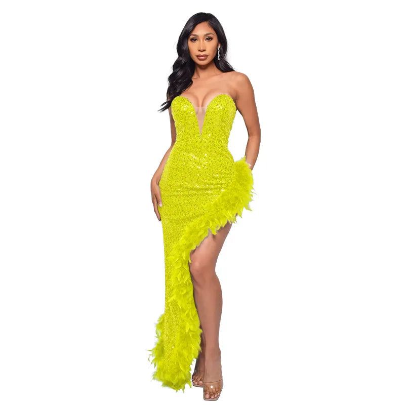 Sequin Feather Evening Gown