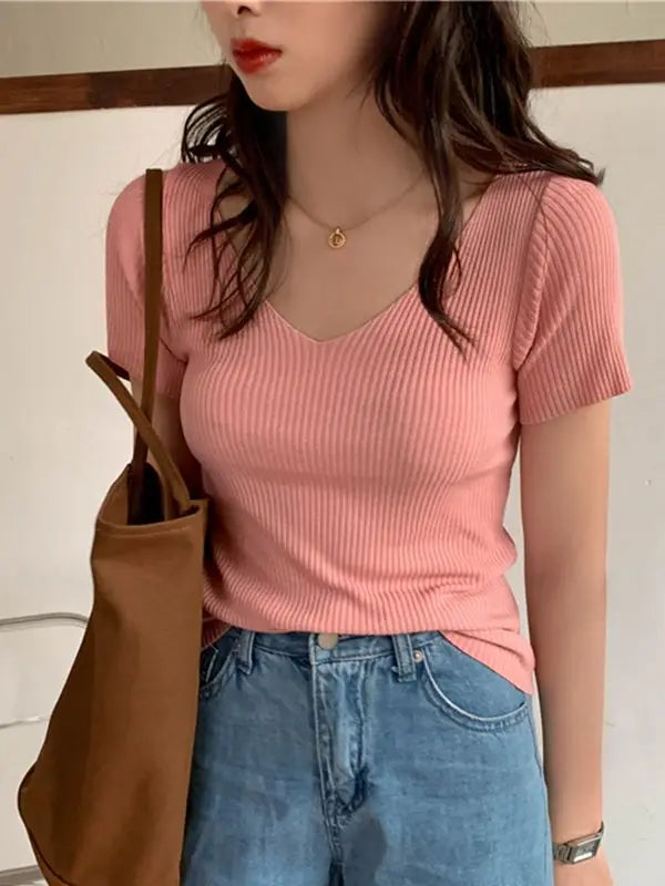 AOSSVIAO 2025 V-neck Solid Thin Summer Pullover Women Sweater Female Knitted Ribbed Sweater Slim Short Sleeve Bodycon Sweater