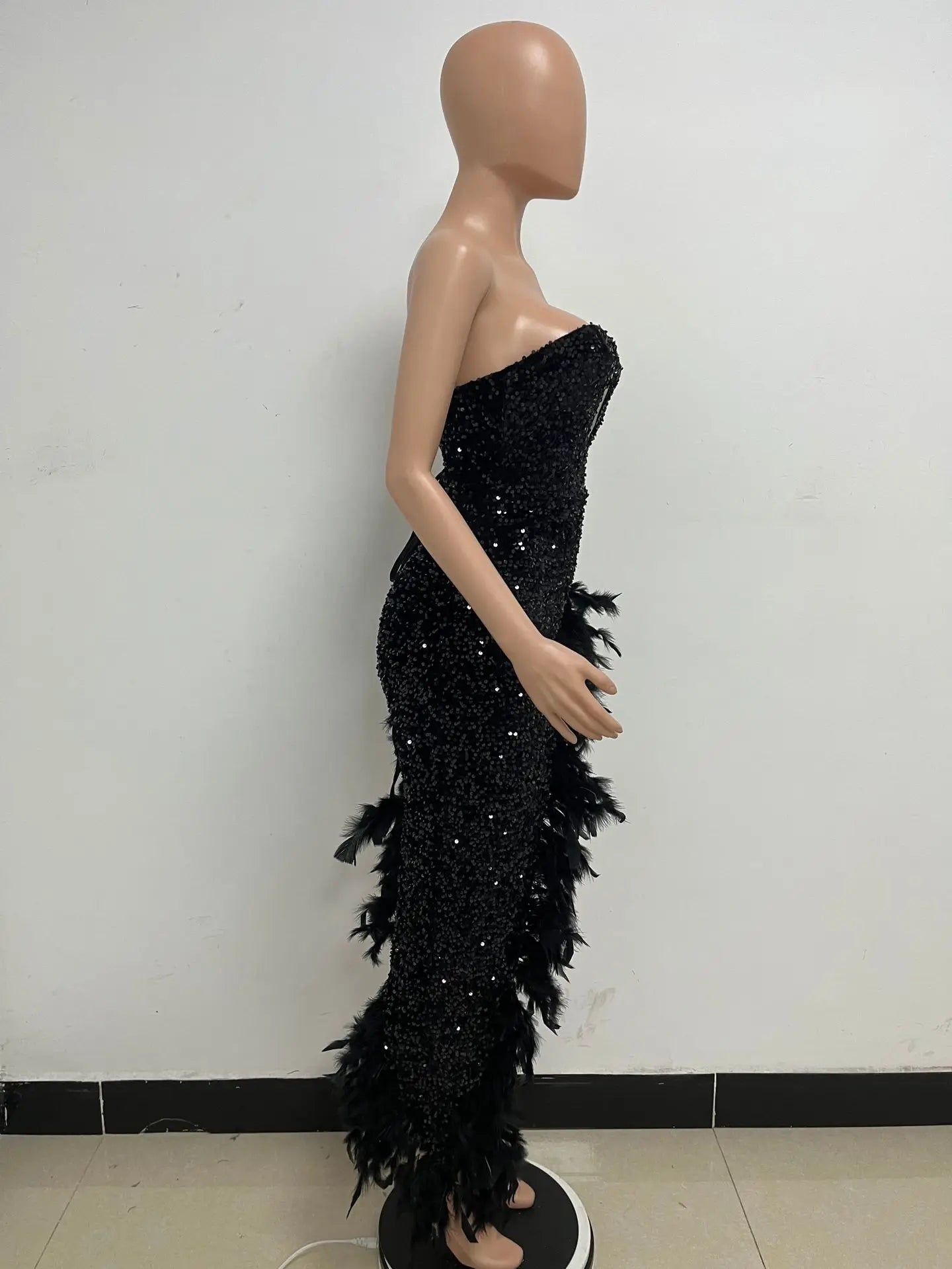 Sequin Feather Evening Gown