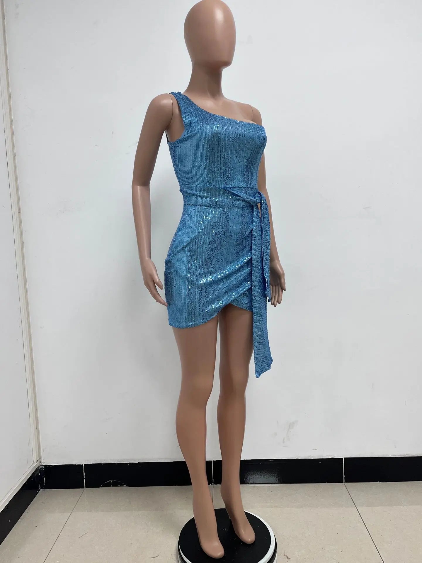 One Shoulder Pleated Sequin Dress