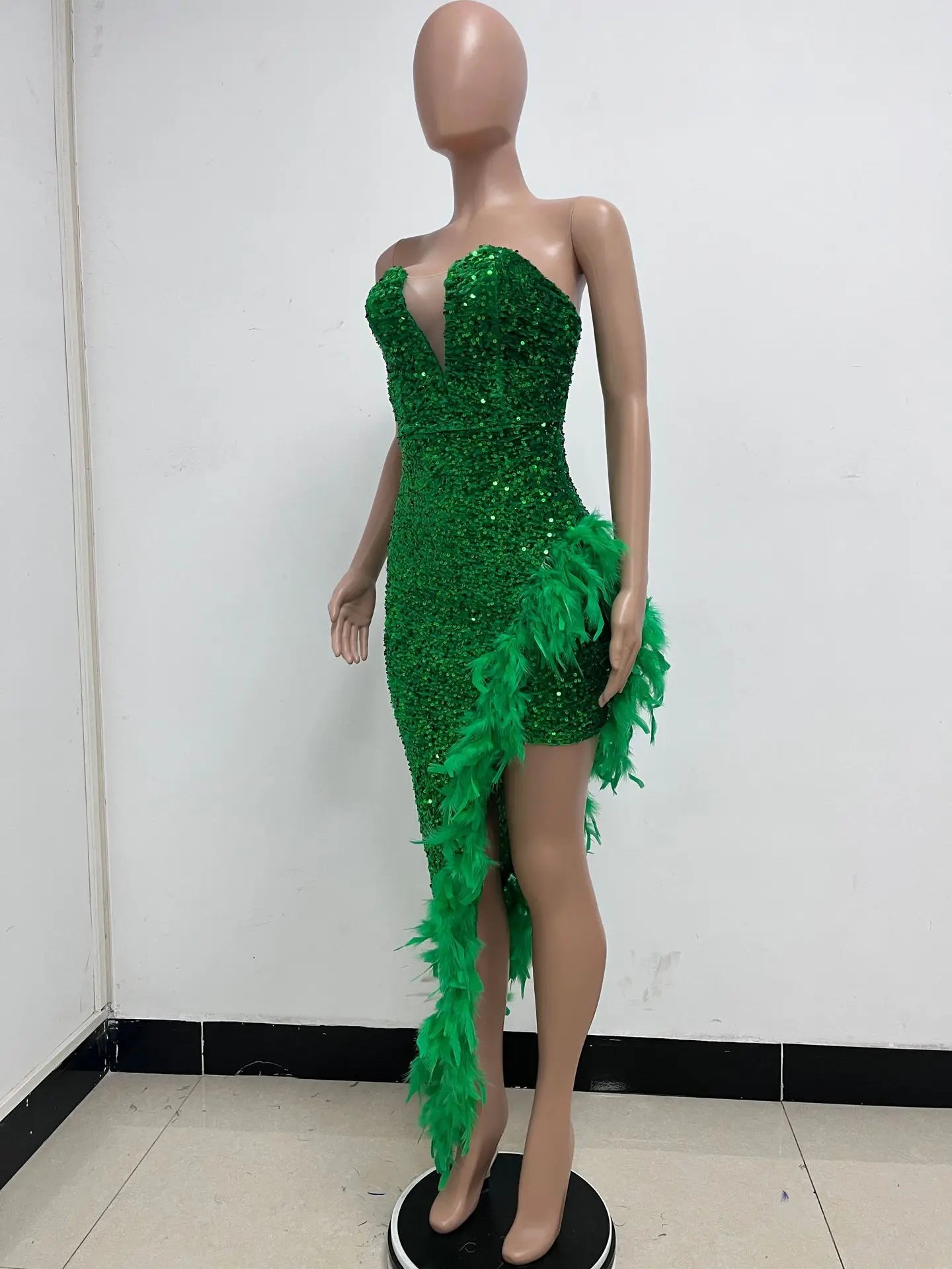 Sequin Feather Evening Gown