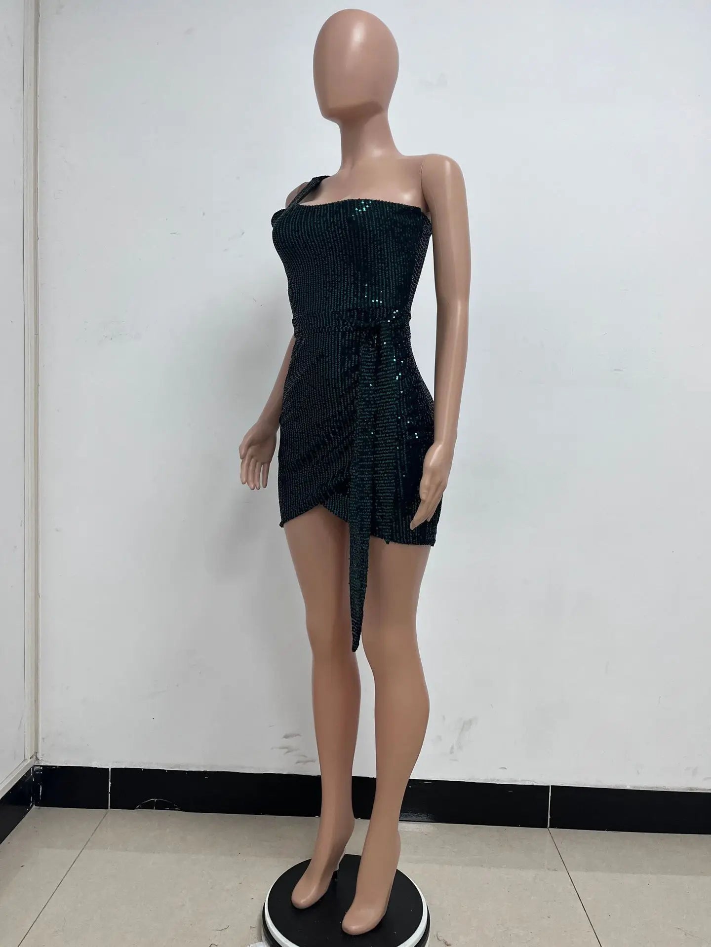 One Shoulder Pleated Sequin Dress