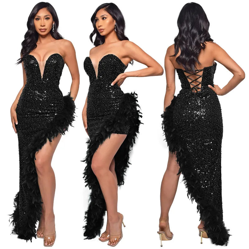 Sequin Feather Evening Gown