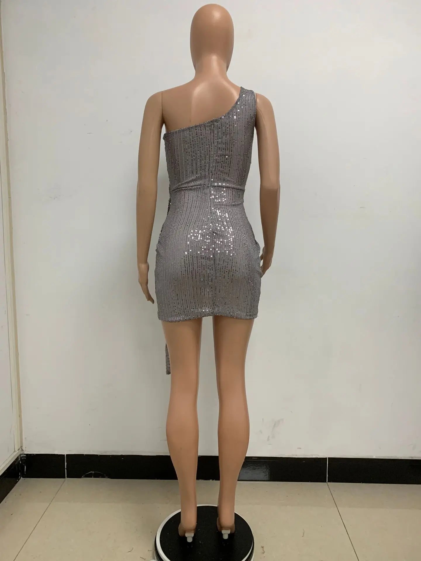 One Shoulder Pleated Sequin Dress