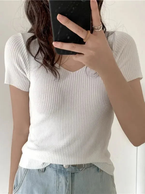 AOSSVIAO 2025 V-neck Solid Thin Summer Pullover Women Sweater Female Knitted Ribbed Sweater Slim Short Sleeve Bodycon Sweater