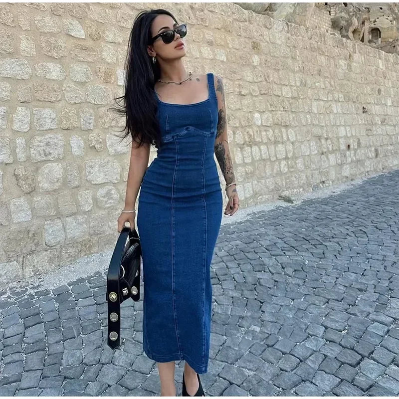 Retro Denim Maxi Dress