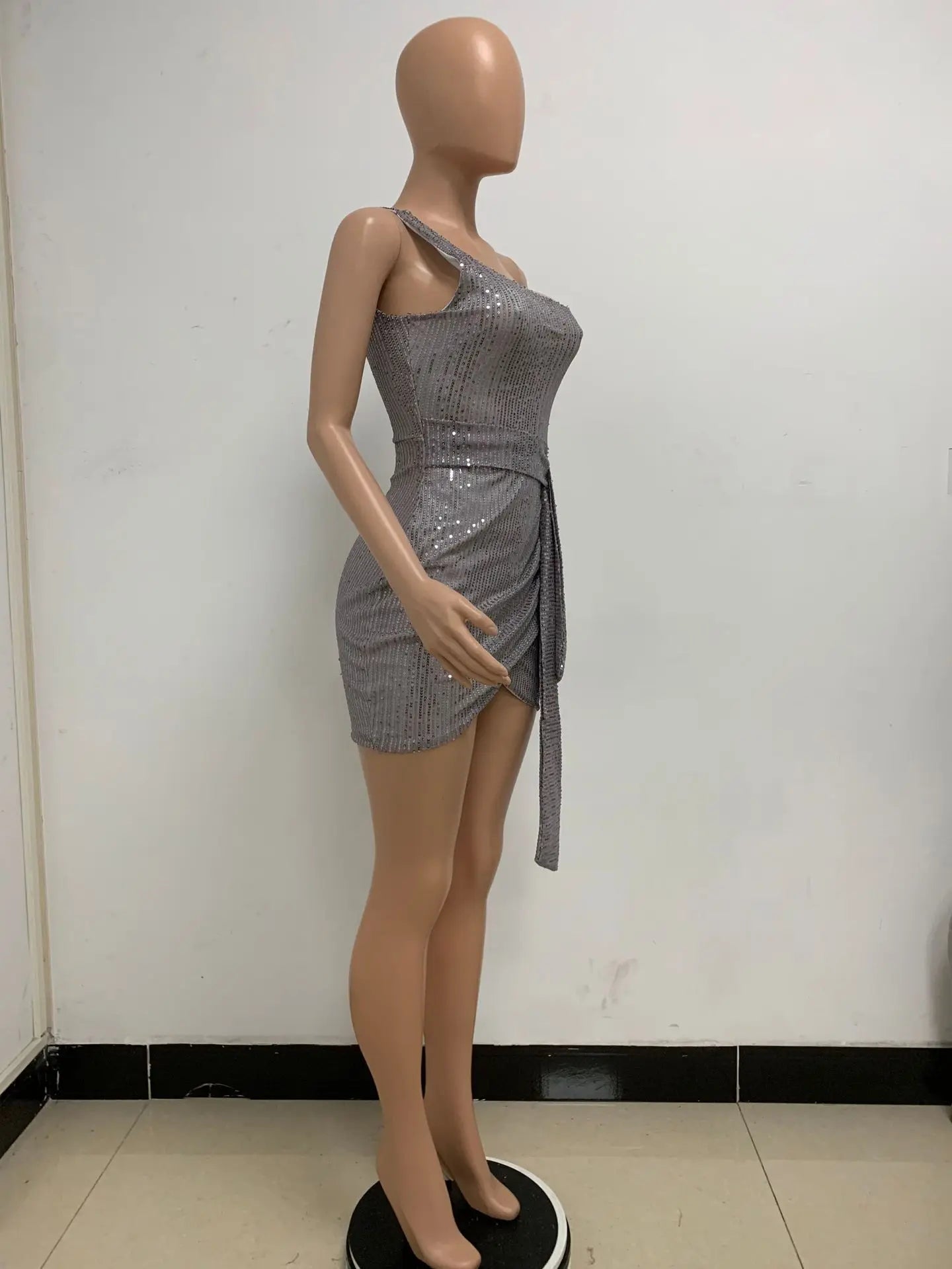 One Shoulder Pleated Sequin Dress