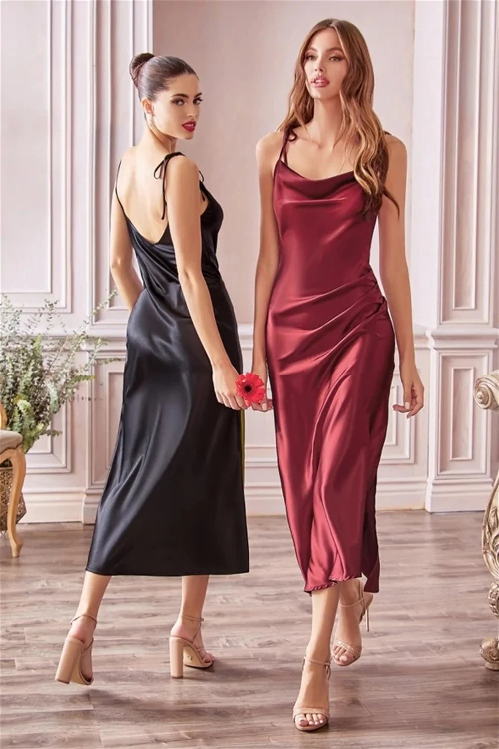 Satin Cowl Neck Midi Dress