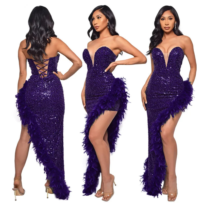 Sequin Feather Evening Gown