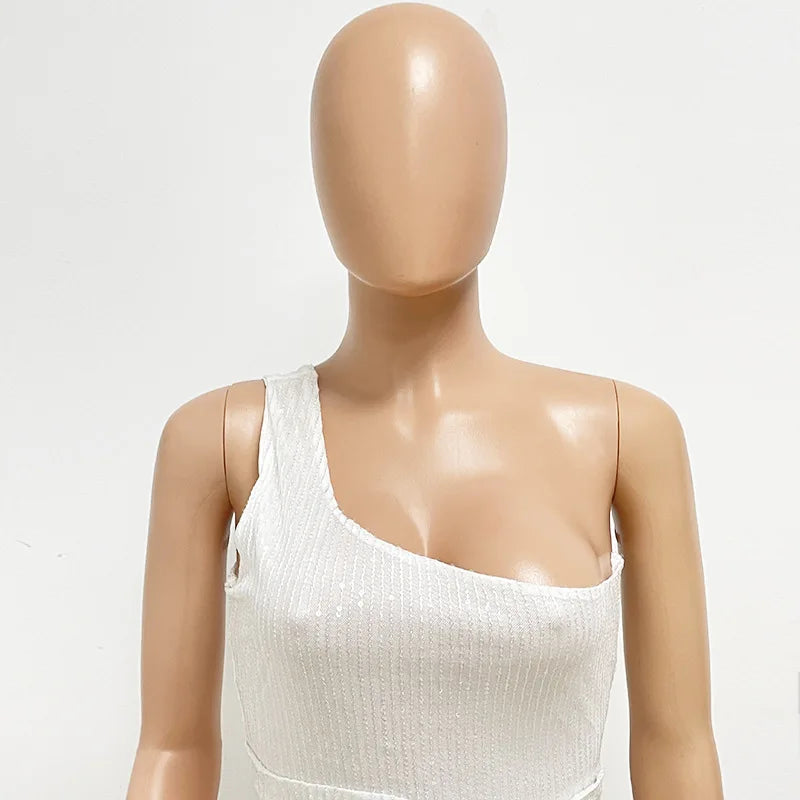 One Shoulder Pleated Sequin Dress