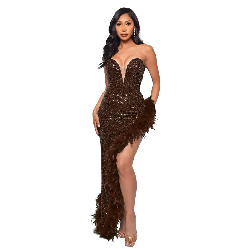 Sequin Feather Evening Gown