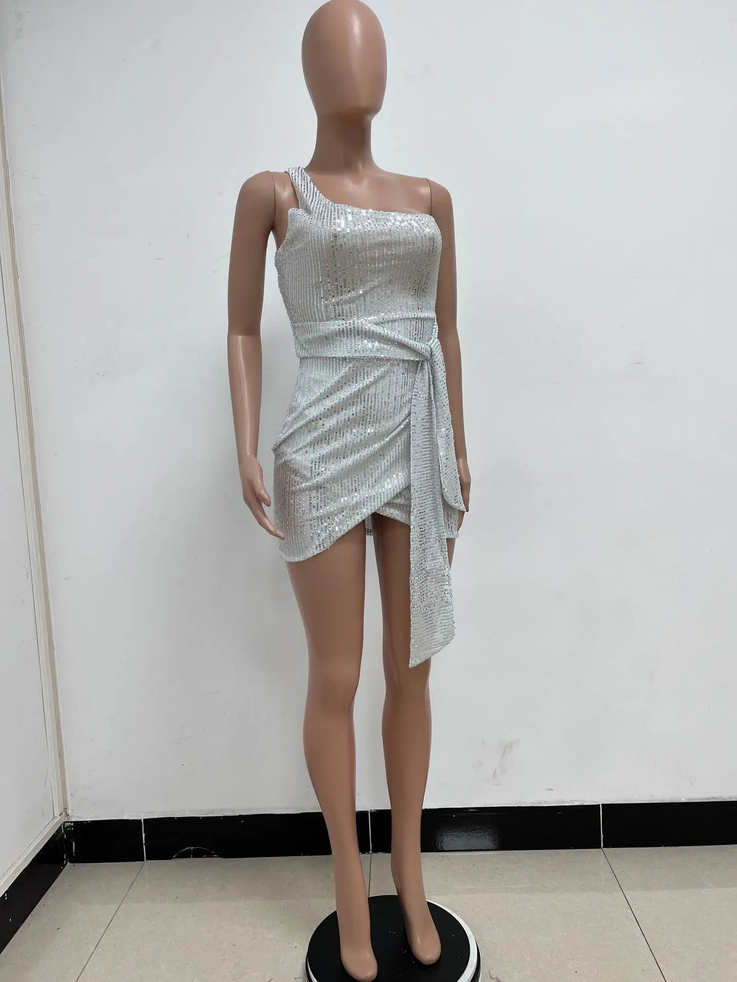One Shoulder Pleated Sequin Dress