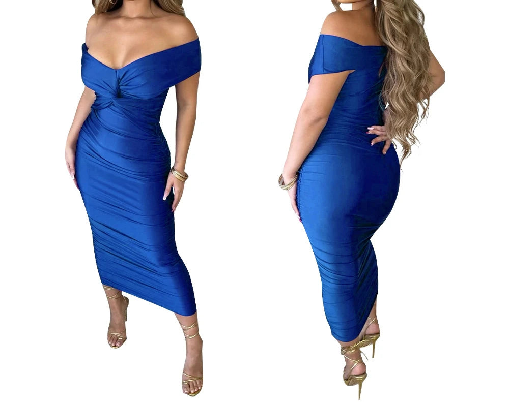 V-Neck Pleated Off Shoulder Dress