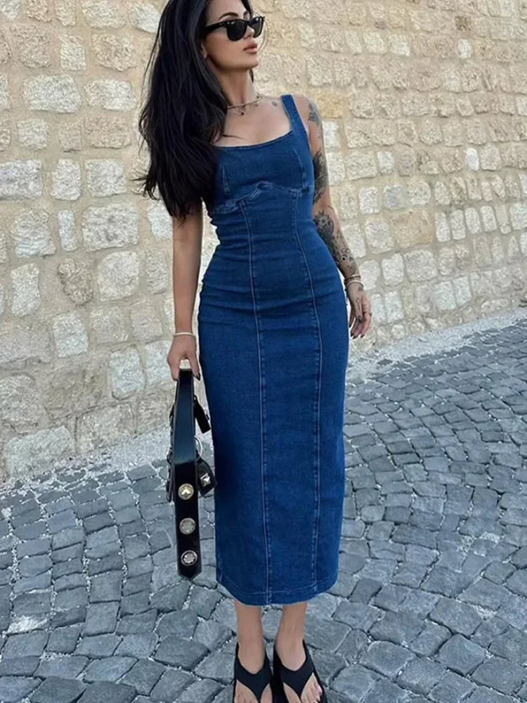 Retro Denim Maxi Dress