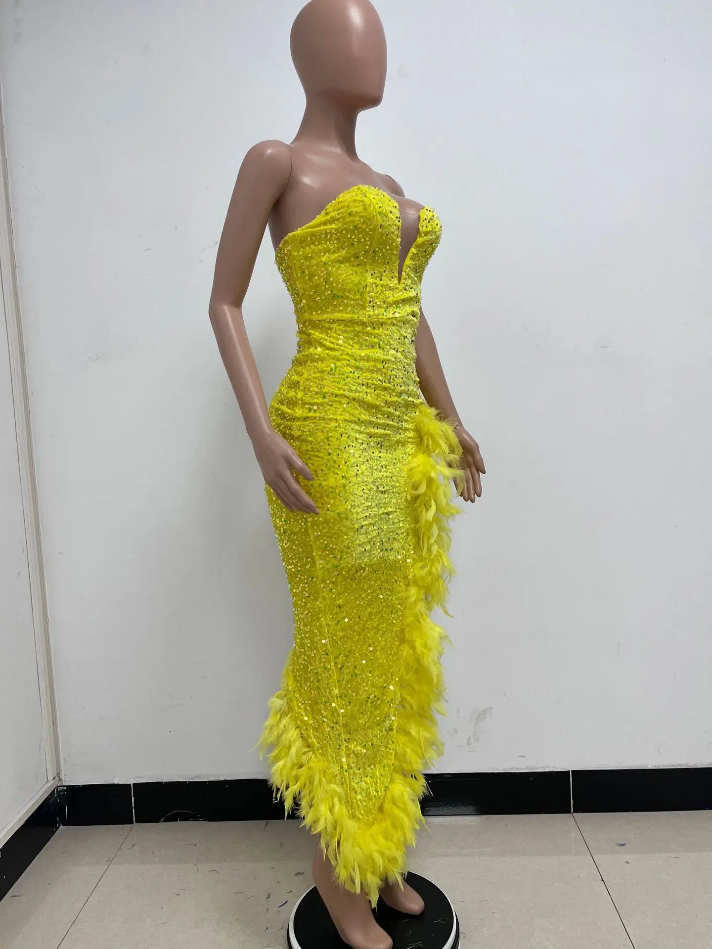 Sequin Feather Evening Gown