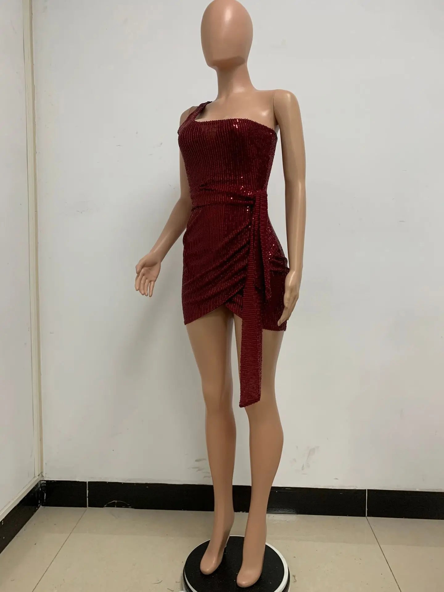 One Shoulder Pleated Sequin Dress