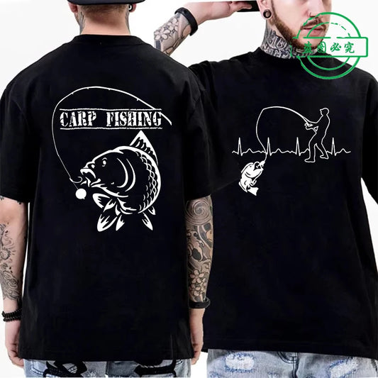 Eat Sleep Fishing Heartbeat Men T-Shirts Tops Men Fisherman Fish T-shirt Short Sleeve Tees Fashion Brand New Oversized Shirt