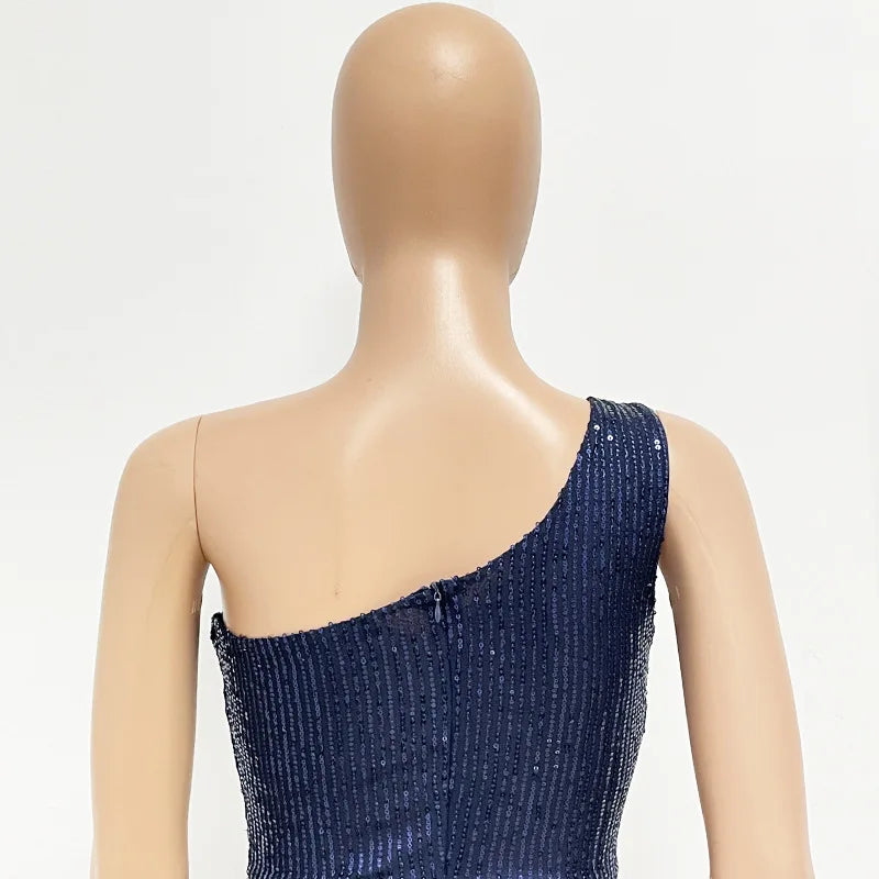 One Shoulder Pleated Sequin Dress