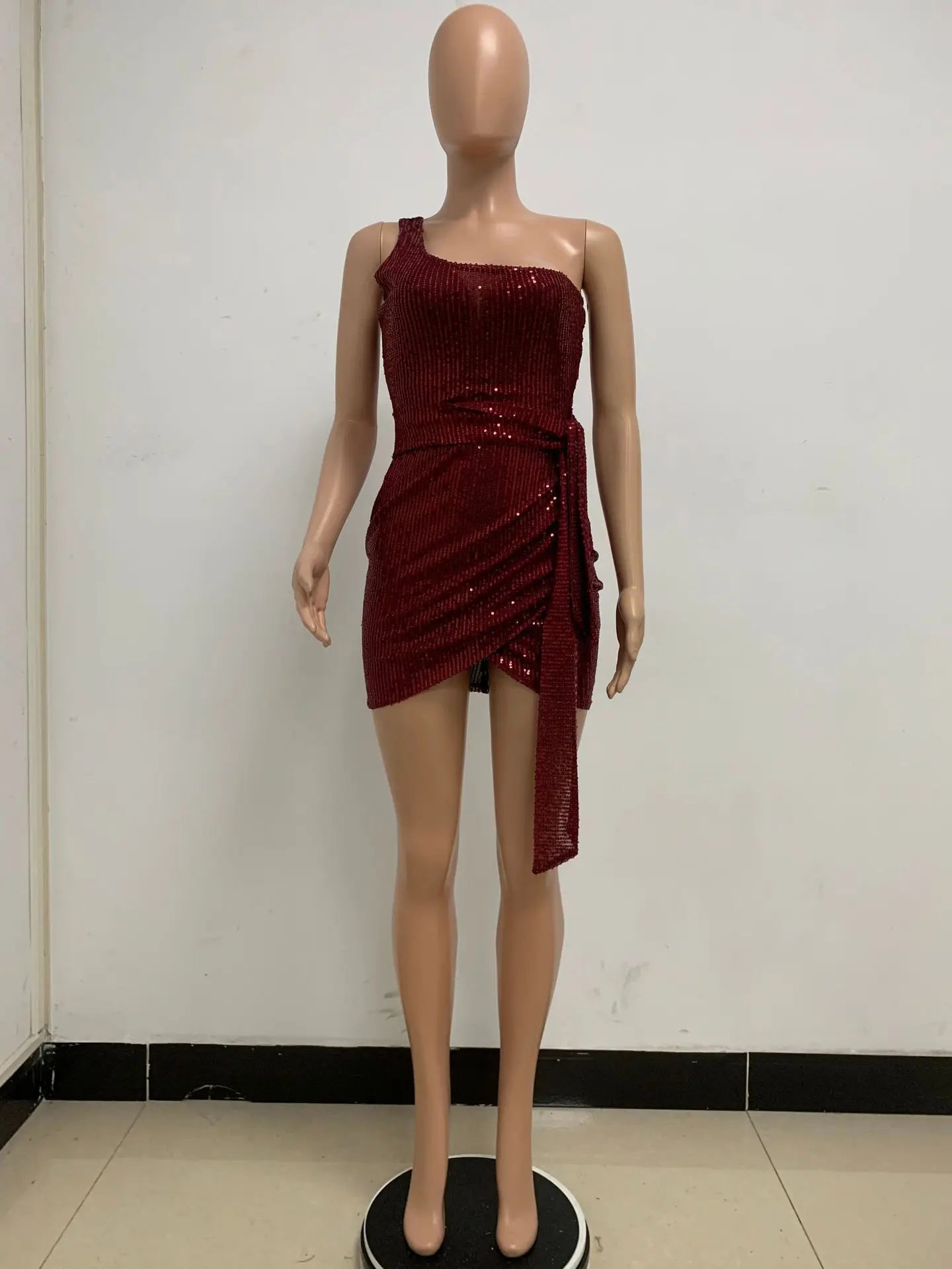 One Shoulder Pleated Sequin Dress