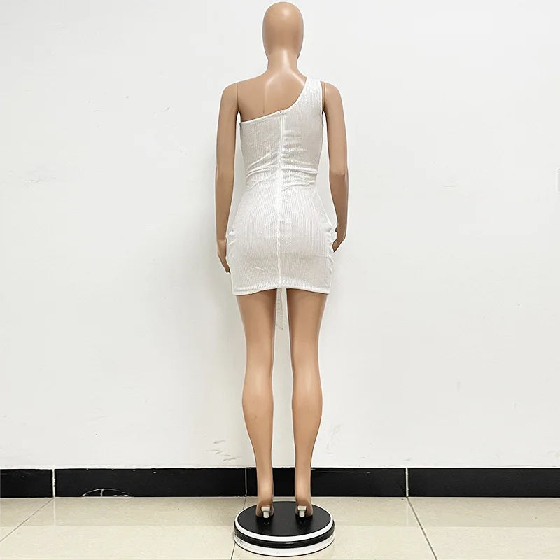 One Shoulder Pleated Sequin Dress