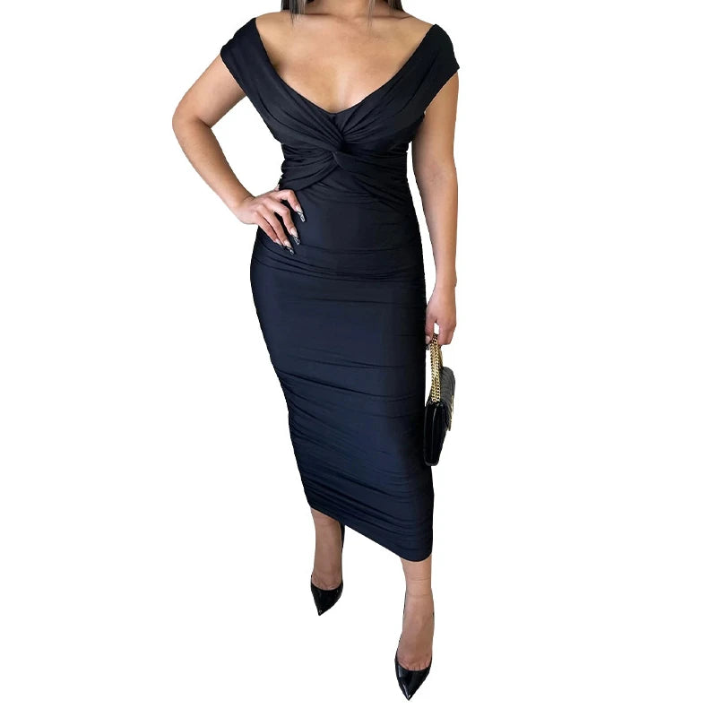 V-Neck Pleated Off Shoulder Dress