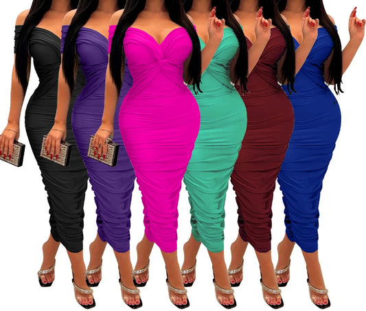 V-Neck Pleated Off Shoulder Dress