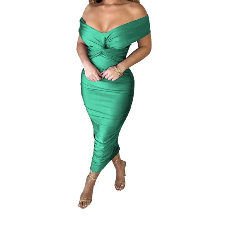 V-Neck Pleated Off Shoulder Dress