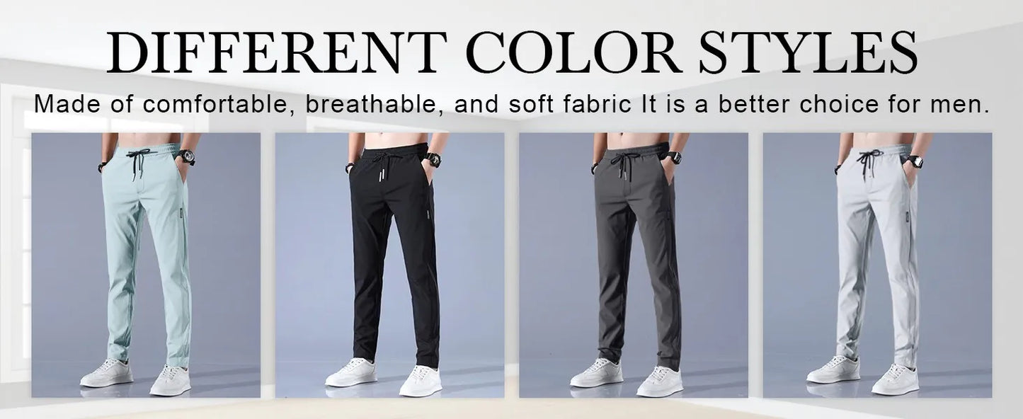 Men Fast Dry Stretch Pants Ice Silk Trousers Solid Color Mid-Waist Loose Breathable Straight-Leg Casual Pants Thin Sports Pants